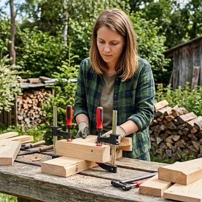 Serre-joint à action rapide dans la main d'une femme qui travaille le bois