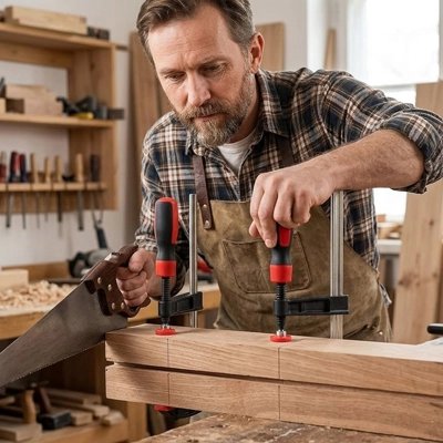 Serre-joint à action rapide dans la main d'un homme qui travaille le bois