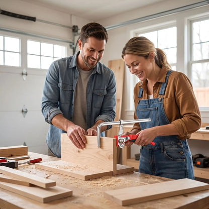 Un serre-joint installé sur une planche en bois devant un couple