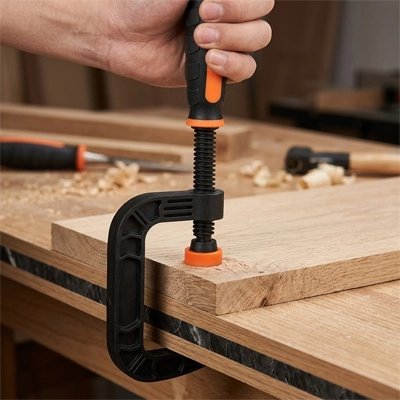 serre-joint type c 180 mm dans la main d'un homme qui serre une planche de bois