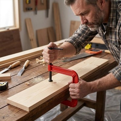 serre-joint type c sur un établi qui serre une planche avec un homme