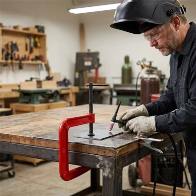 serre-joint type c sur un établi qui serre une plaque d'acier et un soudeur 