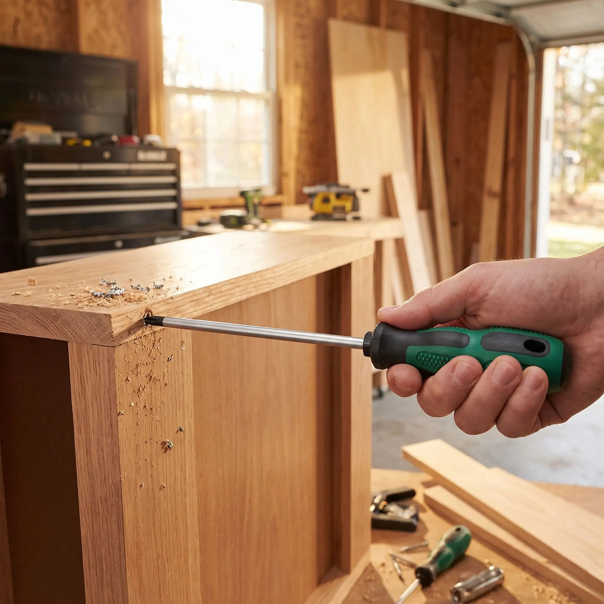 Un tournevis cruciforme long 1 pièce 265 mm x 6 mm tenu dans la main d’un homme 