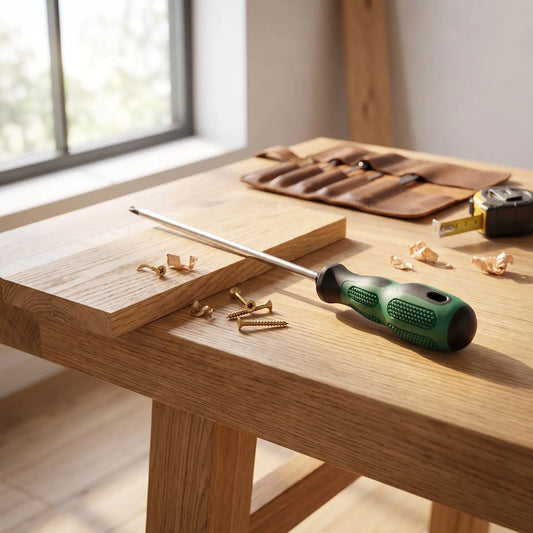 Un tournevis cruciforme long 1 pièce 305 mm x 5 mm sur une planche de bois