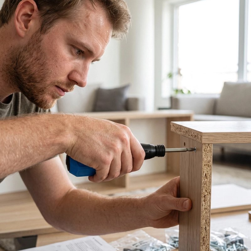 Tournevis électrique professionnel Rechargeable avec LED dans la main d'un homme qui répare un meuble de bois