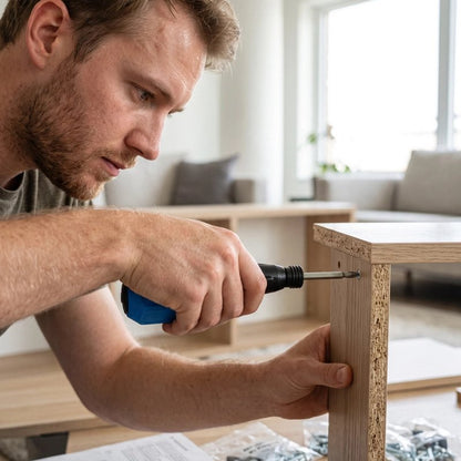 Tournevis électrique professionnel Rechargeable avec LED dans la main d'un homme qui répare un meuble de bois