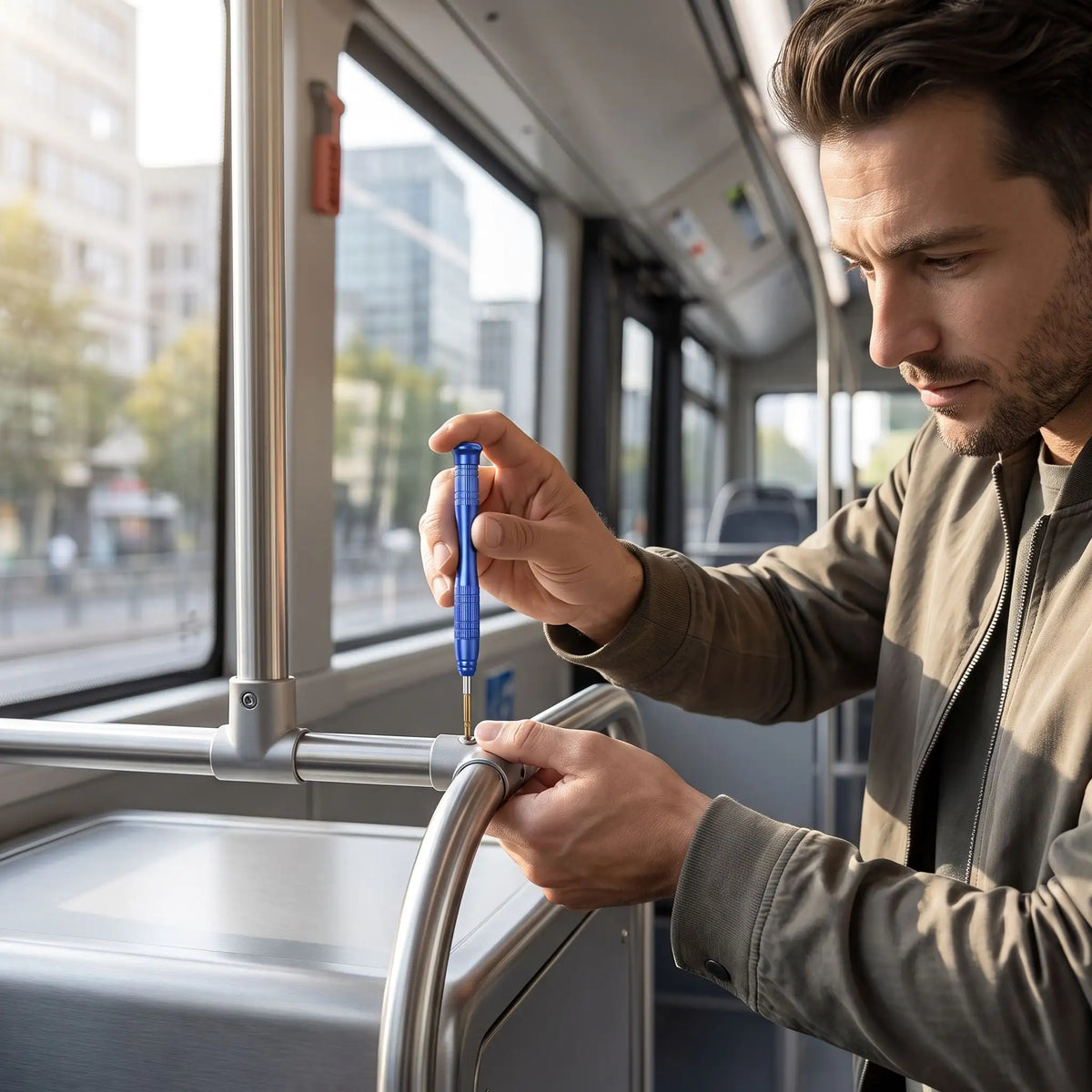 Un tournevis étoile 6 branches magnétique T3 dans la main d'un homme qui répare de quoi dans un autobus