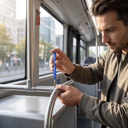Un tournevis étoile 6 branches magnétique T3 dans la main d'un homme qui répare de quoi dans un autobus