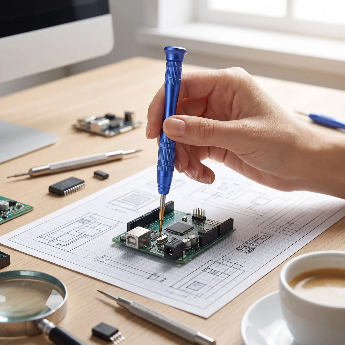 Un tournevis étoile 6 branches magnétique T3 dans la main d'une femme qui répare des prototypes