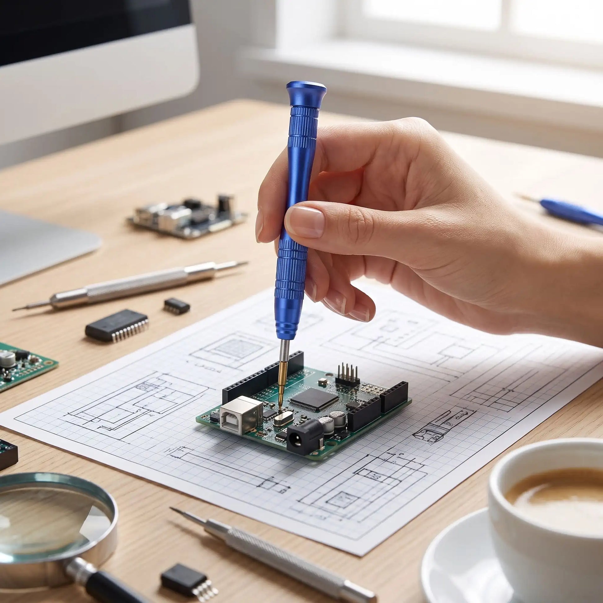 Un tournevis étoile 6 branches magnétique T3 dans la main d'une femme qui répare des prototypes