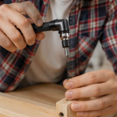 Tournevis étoile Torx percé avec embouts dans la main d'un homme qui visse une vis dans le bois