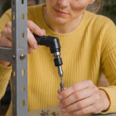Tournevis étoile Torx percé avec embouts dans la main d'une femme qui visse une vis une étagère