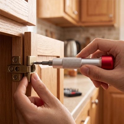 Tournevis Mini compact à 10 embouts dans la main d'une femme qui ajuste une penture