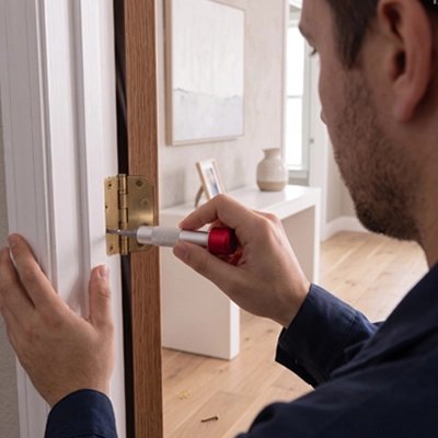 Tournevis Mini compact à 10 embouts dans la main d'un homme qui installe un e porte