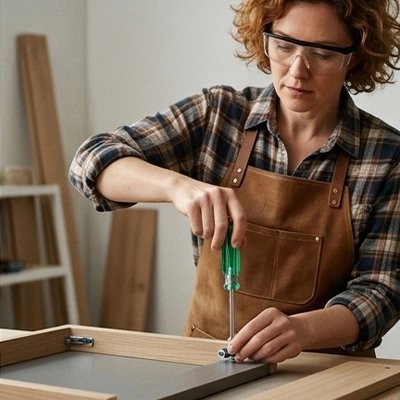 Tournevis plat à embout magnétique 3 x 75 mm dans la main d'une femme qui répare un cadre