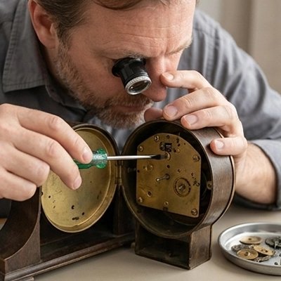 Tournevis plat à embout magnétique 3 x 75 mm dans la main d'un homme qui répare une horloge