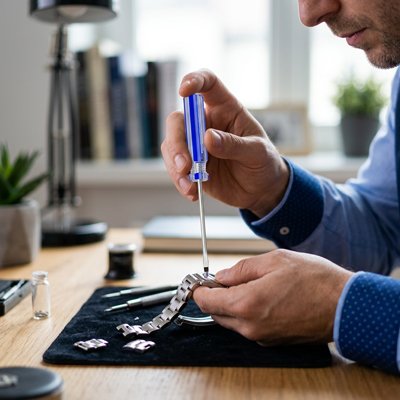 Tournevis Plat à fente 3 mm en acier dans la main d'un homme qui répare une montre