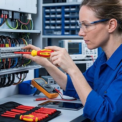 Tournevis plat électricien isolé 500V 10 pièces dans la main d'une femme 