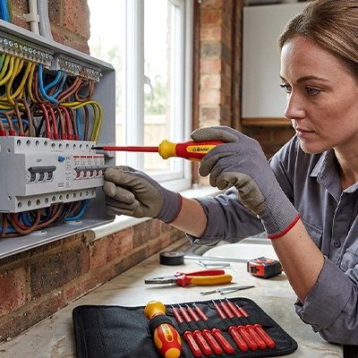 Tournevis plat électricien isolé 500V 10 pièces dans la main d'une femme qui ajuste un panneau électrique