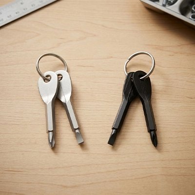 Tournevis plat porte-clés noir et gris sur une table