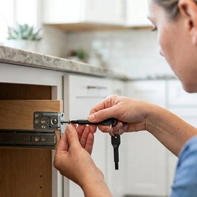 Tournevis plat porte-clés dans la main d'une femme qui visse un tiroir